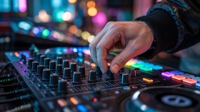 Close up of a dj s hand adjusting controls on a professional music mixer with colorful blurred lights in the background at a party