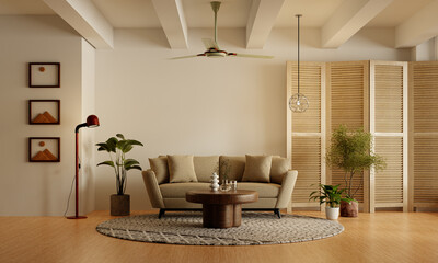 Stylish living room layout with furnishings and inviting decor. 3D render illustration