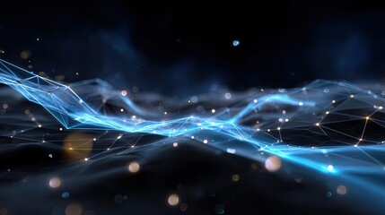 Abstract Blue Light Waves with Dots in a Dark Atmosphere for Technology and Innovation Backgrounds