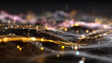 Abstract digital landscape with glowing lights and flowing lines in dark background for technology and innovation themes