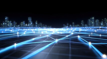 Abstract digital landscape with glowing blue lines representing connectivity and network in a futuristic urban environment