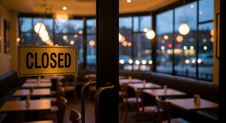 Dimly lit restaurant interior with "Closed" sign on door