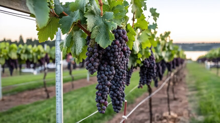 Fototapeta premium Ripe purple grape cluster hanging in seaside vineyard at golden hour, peaceful travel scene