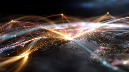 Dynamic Global Network Visualization Representing Connections and Data Flow Across Continents in a Tech Innovation Landscape