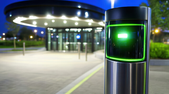 Contactless ticket scanner with glowing green indicator at modern transit station entrance