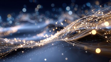 Ethereal Light Waves Flowing Through a Dreamy Blue Background with Sparkling Bokeh Effects and Glowing Particles