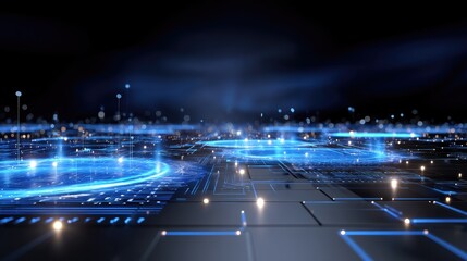 Futuristic Digital Landscape with Glowing Circuits and Data Points in a Dark Background for Technology Concepts