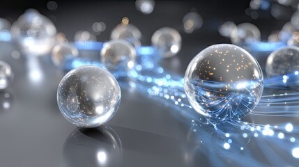 Abstract futuristic design featuring glass spheres and glowing particles on a dark background with flowing light trails
