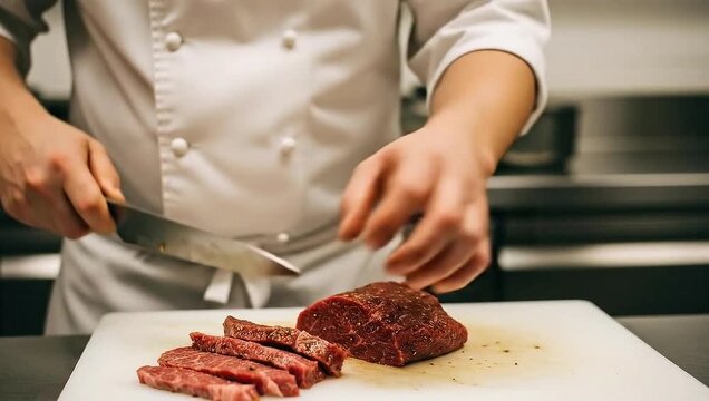Chef slicing raw beef steak on a cutting board in a professional kitchen.