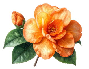 Detailed botanical illustration of a vibrant orange flower with bud