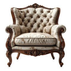 Ornate, high-backed armchair with tufted upholstery, on dark background