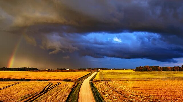 Timelapse of dramatic storm clouds rolling over golden farmland with a fading rainbow on the horizon, capturing bold colors and powerful weather movement.