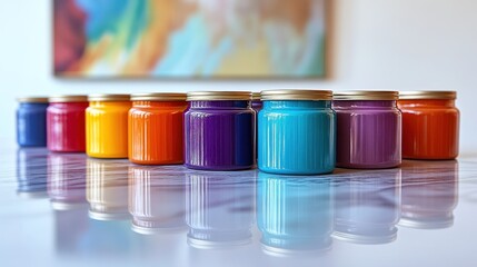 Colorful paint jars in a row