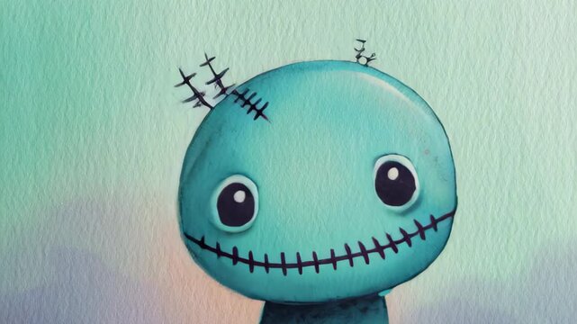 watercolor illustration of friendly zombie with stitched smile, pastel mint background, minimal halloween cartoon style