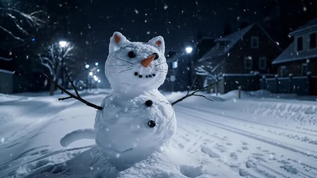 Whimsical cat-shaped snowman stands amidst a snowy, street-lit winter night, while gentle snowflakes descend