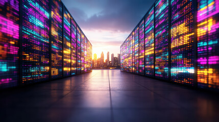 Colorful data center corridor with glowing server panels sunset combining warmth and futuristic