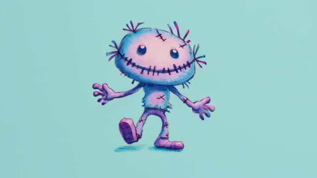 watercolor illustration of friendly zombie with stitched smile, pastel mint background, minimal halloween cartoon style