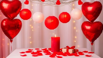 Romantic valentine s day setup with red balloons and candle