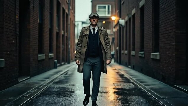 Man walking down a wet alleyway in a trench coat and flat cap.