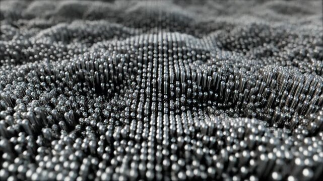 Abstract field of countless metallic pins creating an undulating, textured surface with a central raised peak, showcasing a dynamic visual representation.