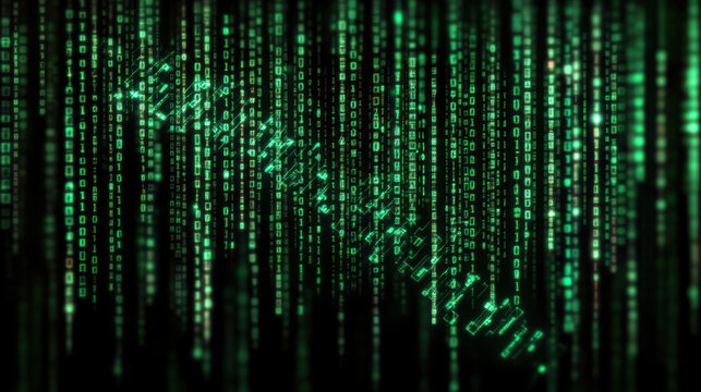 Green digital code rain with glowing floating glyphs and vertical binary lines - Powered by Adobe