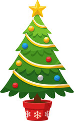 Simple Flat Style Christmas Tree with Ornament and Star Decoration in Pot