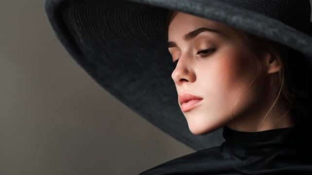 Woman wearing wide brim hat portrait against neutral background