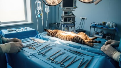 A cat lies anesthetized on an operating table during surgery. Medical personnel are present