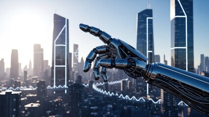 A chrome robot hand points to a cityscape with skyscrapers and futuristic glowing lines