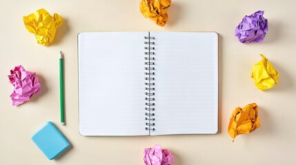 Blank notebook and pen with crumpled paper balls lie on white desk. Represents idea generation, writing process, brainstorming challenges, creative block, and planning.