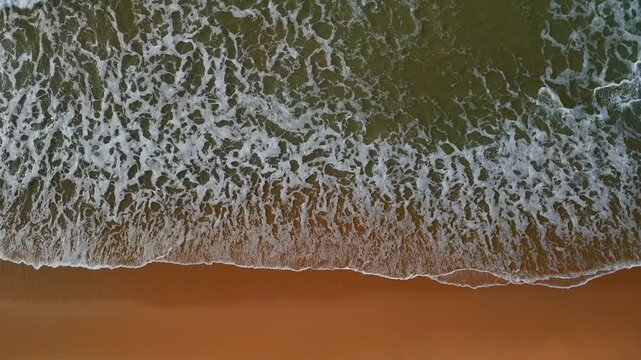 Birds-eye aerial drone view of Santa Cruz Beach in Portugal, showing rolling ocean waves meeting the sandy shoreline with a clean half beach and half sea composition