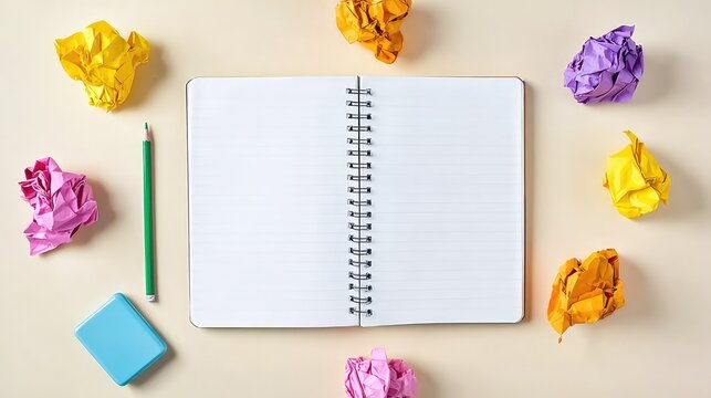 Blank notebook and pen with crumpled paper balls lie on white desk. Represents idea generation, writing process, brainstorming challenges, creative block, and planning.
