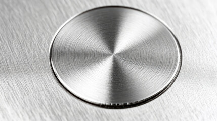 Brushed metal circular button with concentric machining marks and textured background