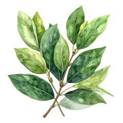 Watercolor illustration of a branch with vibrant green leaves