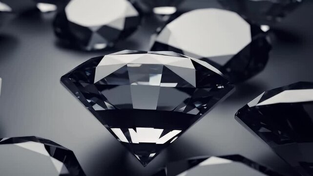 A captivating close-up showcases a collection of brilliant black gemstones, meticulously faceted and scattered across a dark, reflective surface. Each lustrous stone catches the light, creating striki