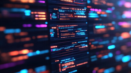 Neon server rack with glowing code lines and bokeh lights creating futuristic atmosphere