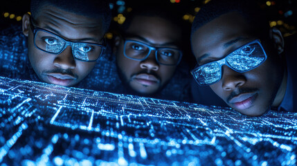 Three professionals studying illuminated digital circuit board display with focused expressions