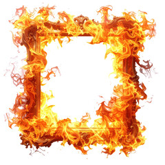 Square, ornate frame formed by vibrant, orange and yellow flames