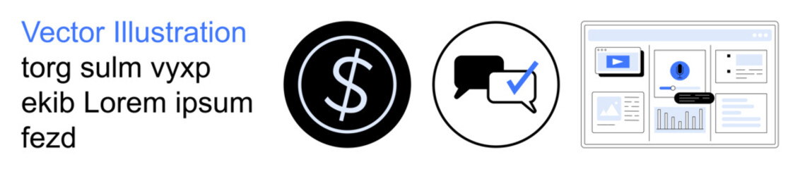 Data analytics, financial management, online communication, technology solutions, coding, user interface design. Dollar sign and speech bubble icons, software interface. Data analytics and financial