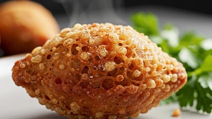 Golden crispy sweet fritter or traditional dessert being generously drizzled with glistening honey or syrup showcasing its intricate bubbly texture and delicious appeal in a closeup shot perfect for .
