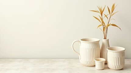 Creamy ceramic vessels with dried foliage pottery vase
