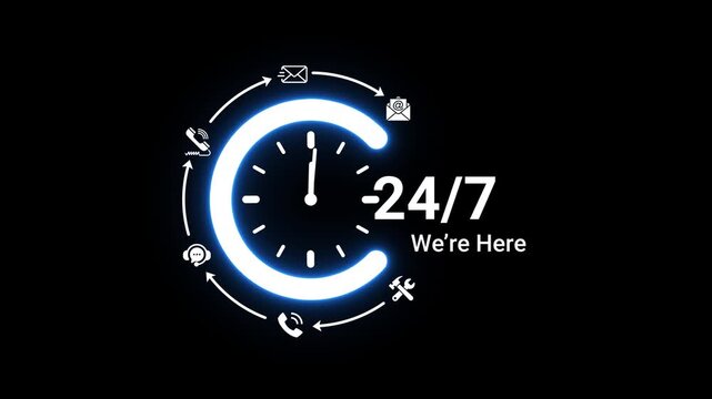 Neon blue glowing clock with arrows and communication symbols representing 24/7 availability with text We're Here on black background 