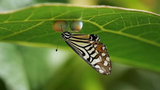 A beautiful striped butterfly lays two eggs on the underside of a vibrant green leaf.