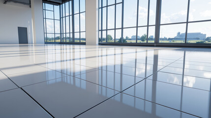Naklejka premium Sunlit glossy tile floor open modern interior with large windows reflecting sky