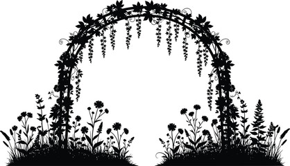 Floral garden arch silhouette, decorative nature frame, botanical border design, cad drawing flat vector illustration, elegant romantic outdoor composition