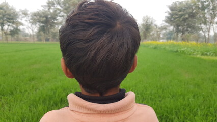 Child Standing in Green Field Viewing Landscape from Behind