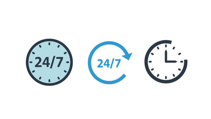 Flat design icons showing 24/7 hour customer support always available business service isolated on white background