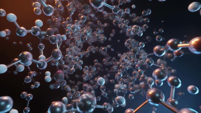 A dynamic abstract representation of molecular structures or atomic bonds, featuring numerous interconnected spheres in a dark, expansive space.