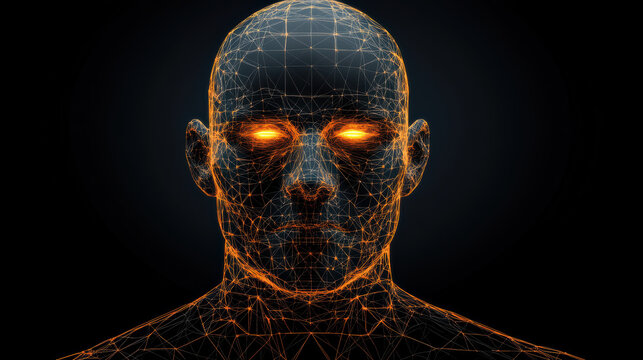 Glowing biometric face mesh with orange network lights and futuristic expression