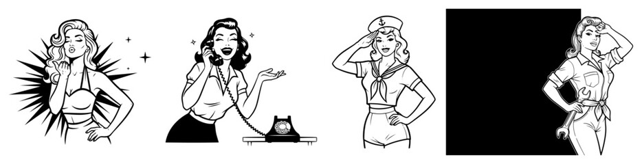 Set of retro style women characters including sailor and mechanic figures